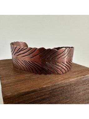 Copper Feather Cuff Bracelet Tapered Scallop Edge Unsigned 1970s